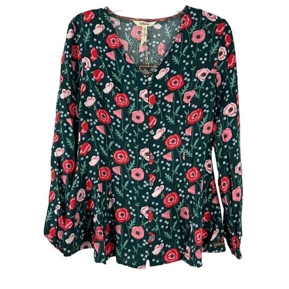 Matilda Jane Top Size S Green Floral Long Sleeve V Neck Yester Year Preppy Rose - Picture 1 of 7